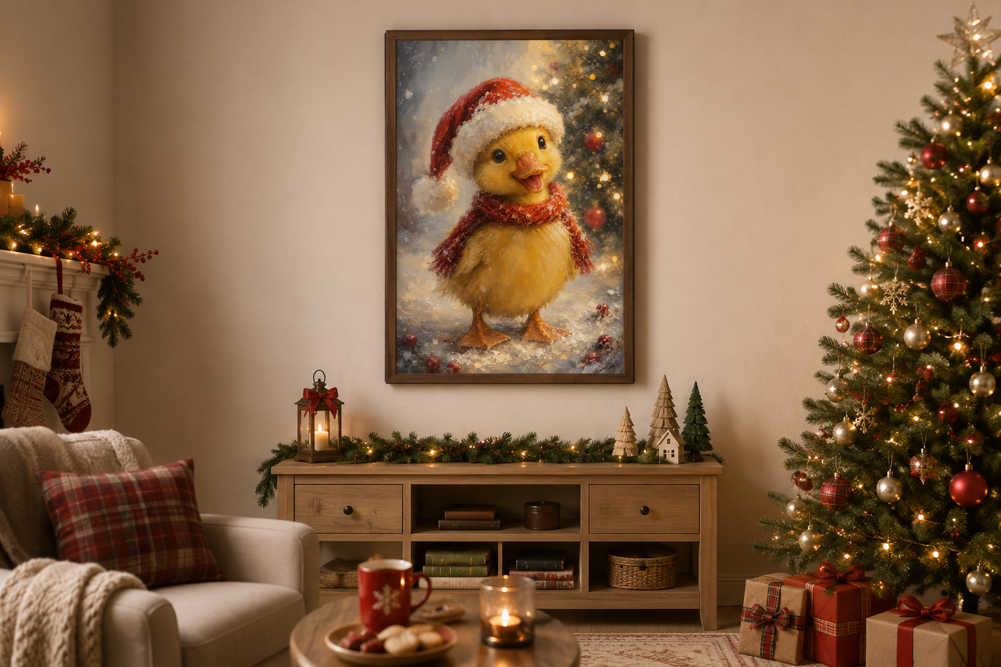 Christmas Duckling Wall Art – Baby Duck Print With Red Scarf | Snowy Woodland Nursery Decor