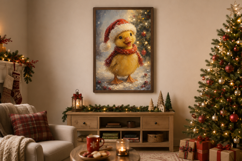 Christmas Duckling Wall Art – Baby Duck Print With Red Scarf | Snowy Woodland Nursery Decor