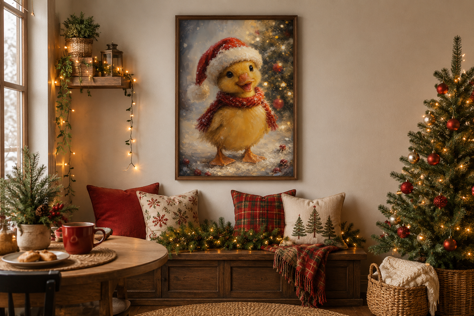 Christmas Duckling Wall Art – Baby Duck Print With Red Scarf | Snowy Woodland Nursery Decor