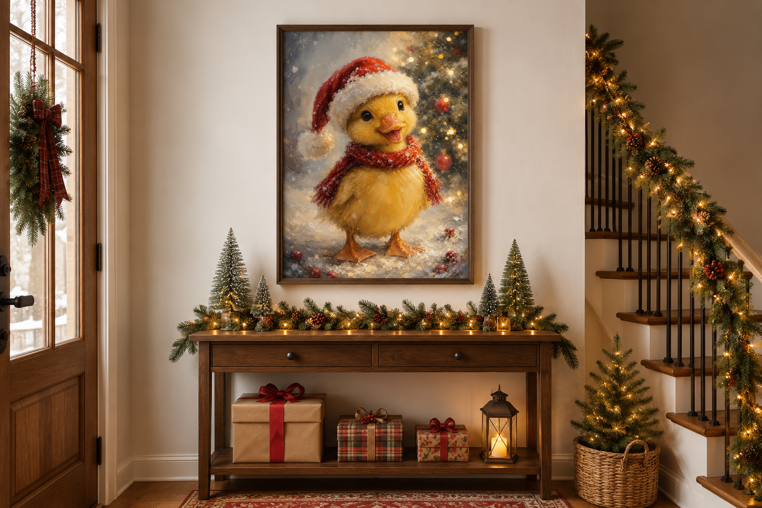 Christmas Duckling Wall Art – Baby Duck Print With Red Scarf | Snowy Woodland Nursery Decor