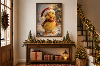 Christmas Duckling Wall Art – Baby Duck Print With Red Scarf | Snowy Woodland Nursery Decor