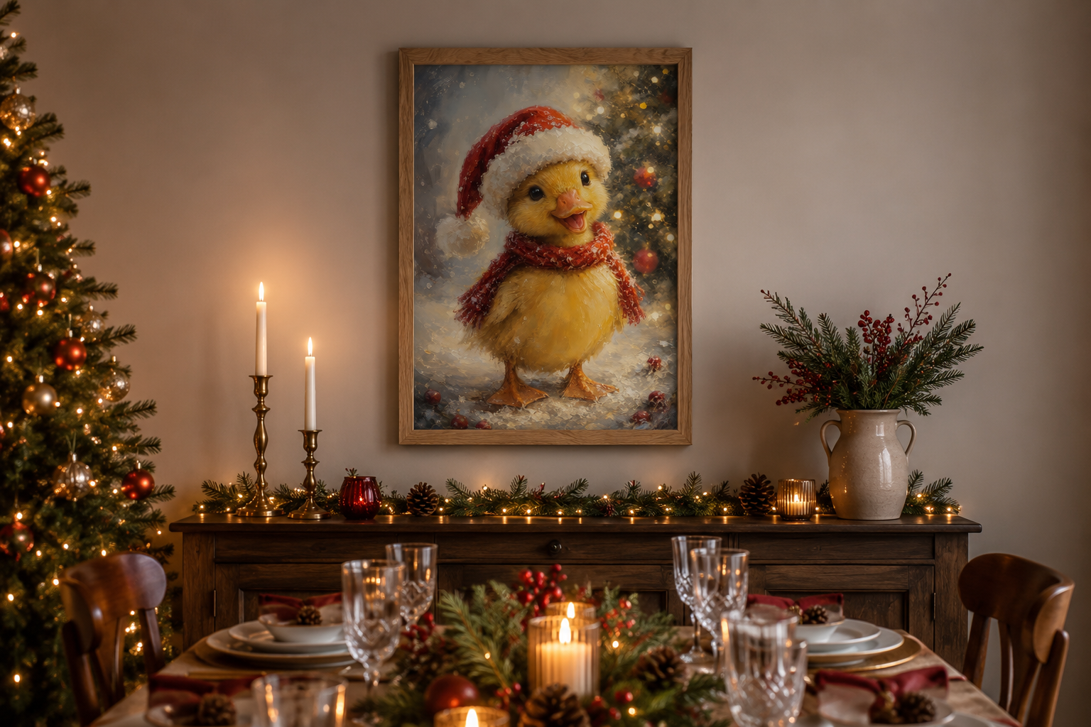 Christmas Duckling Wall Art – Baby Duck Print With Red Scarf | Snowy Woodland Nursery Decor