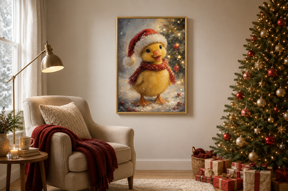 Christmas Duckling Wall Art – Baby Duck Print With Red Scarf | Snowy Woodland Nursery Decor