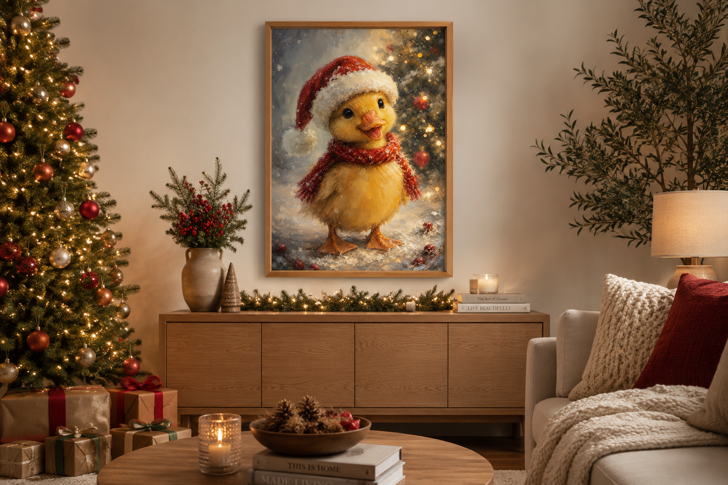 Christmas Duckling Wall Art – Baby Duck Print With Red Scarf | Snowy Woodland Nursery Decor