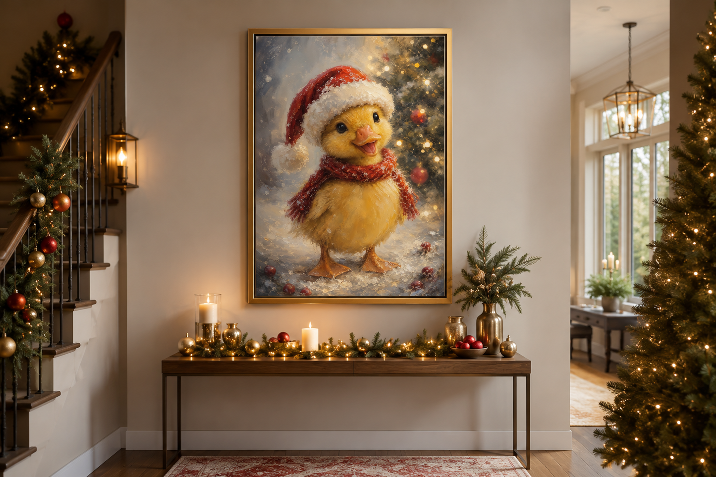 Christmas Duckling Wall Art – Baby Duck Print With Red Scarf | Snowy Woodland Nursery Decor