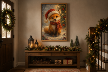 Christmas Fox Wall Art – Festive Canvas Print With Santa Hat | Rustic Nursery Decor