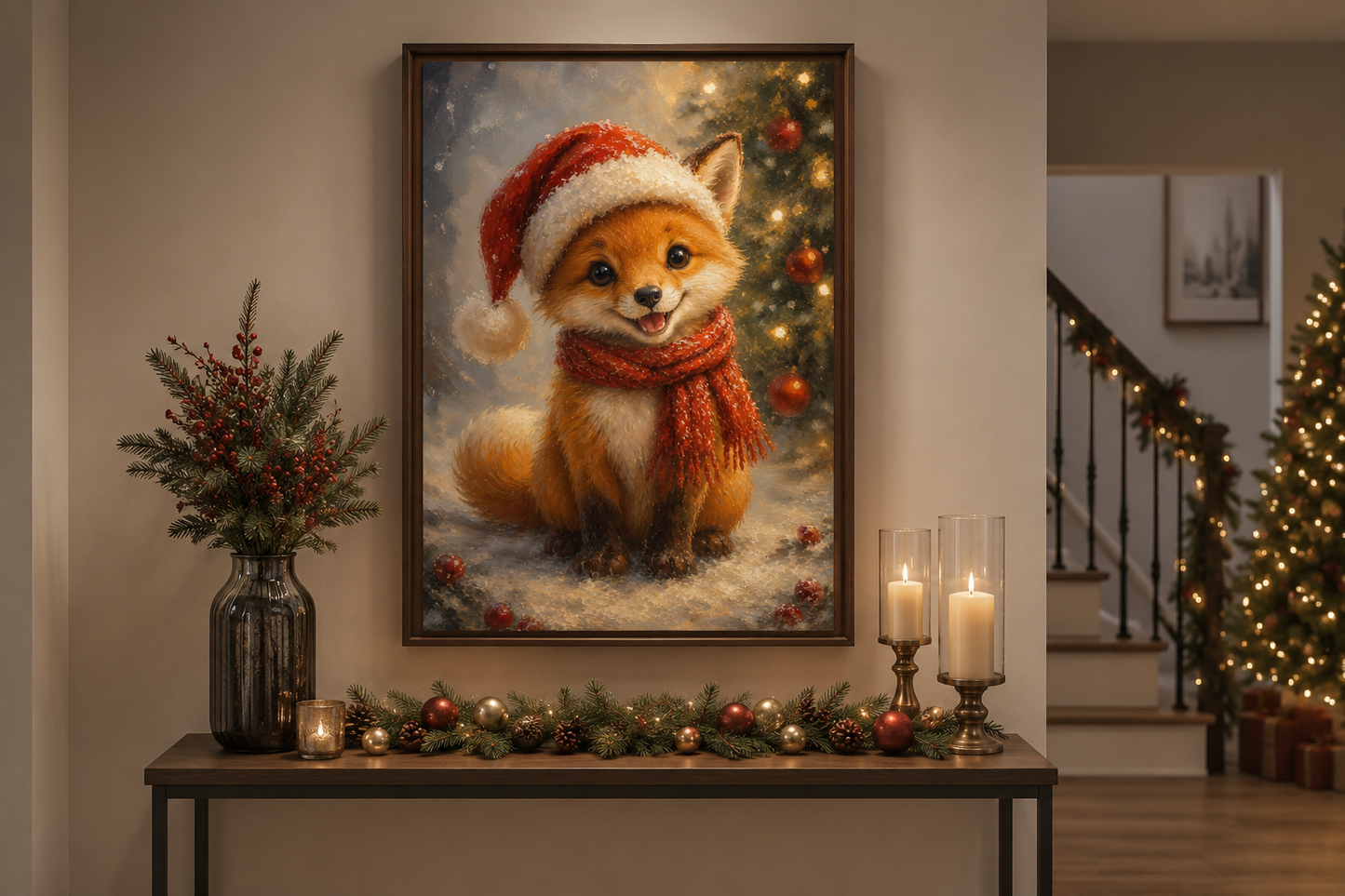 Christmas Fox Wall Art – Festive Canvas Print With Santa Hat | Rustic Nursery Decor