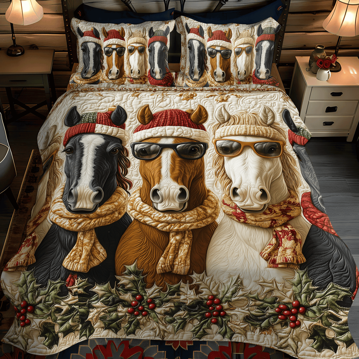 Christmas Horse Quilted Bedding Set - Single (59" x 70")