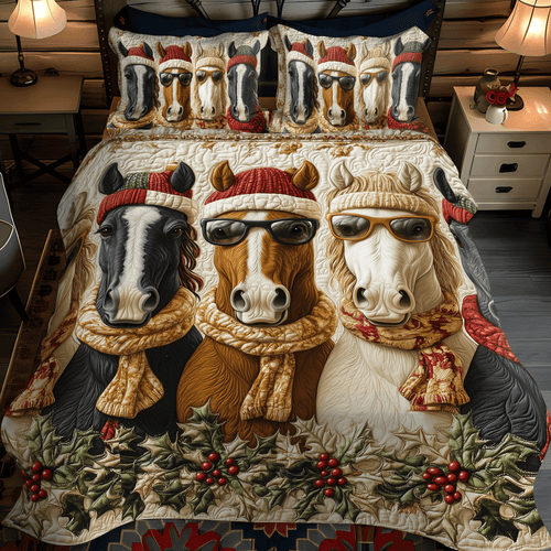 Christmas Horse Quilted Bedding Set - Single (59" x 70")