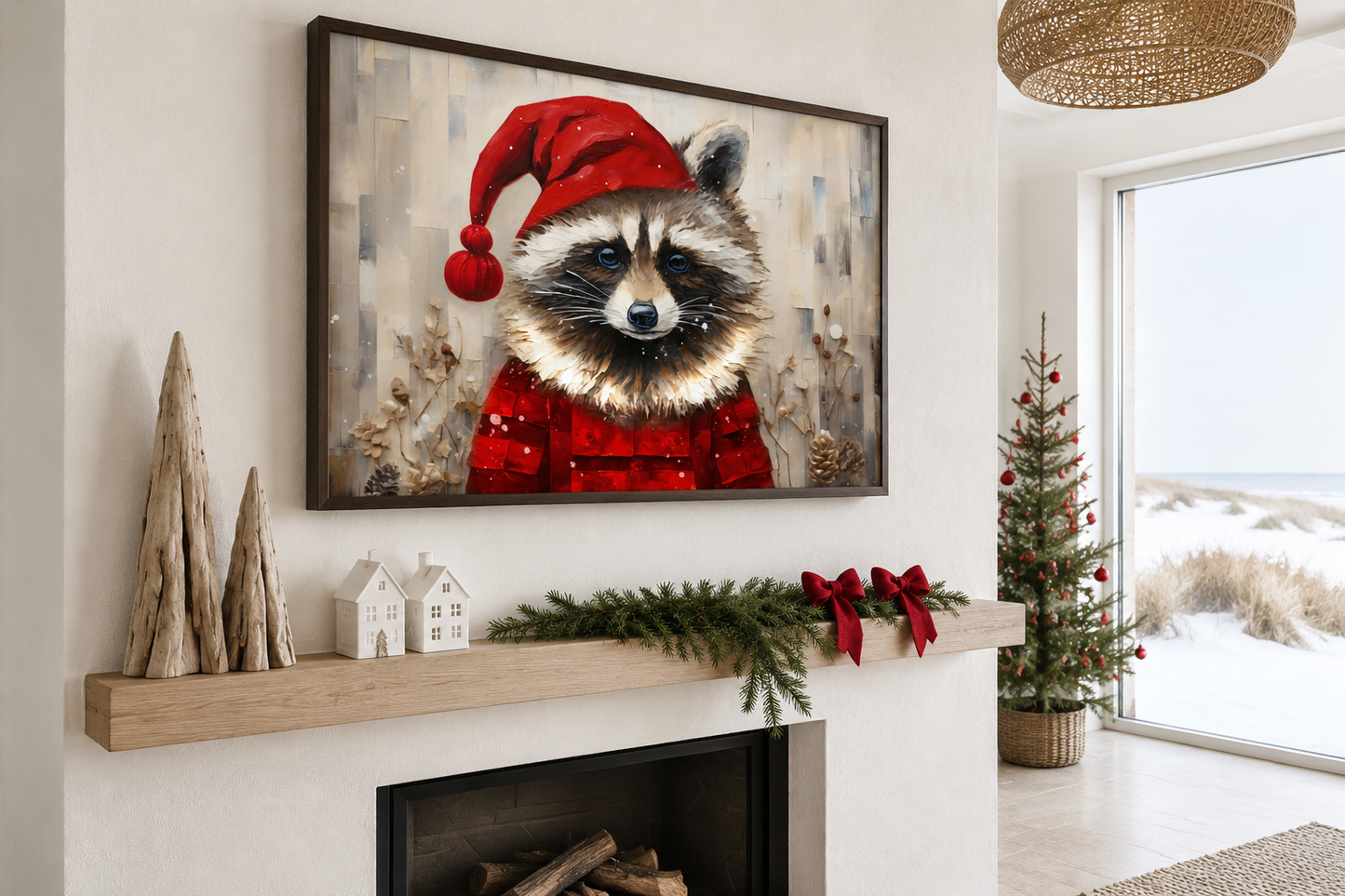 Cute Christmas Raccoon in Santa Hat Framed Canvas Wall Art Above Mantel Decor