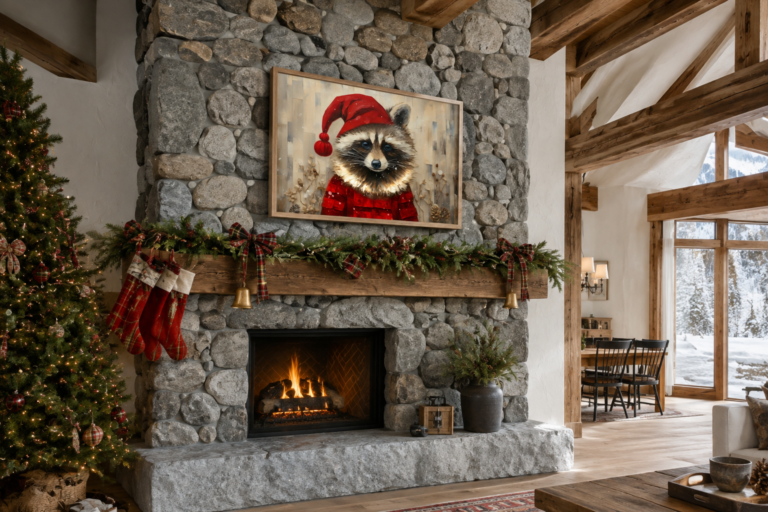 Cute Christmas Raccoon in Santa Hat Framed Canvas Wall Art Above Mantel Decor