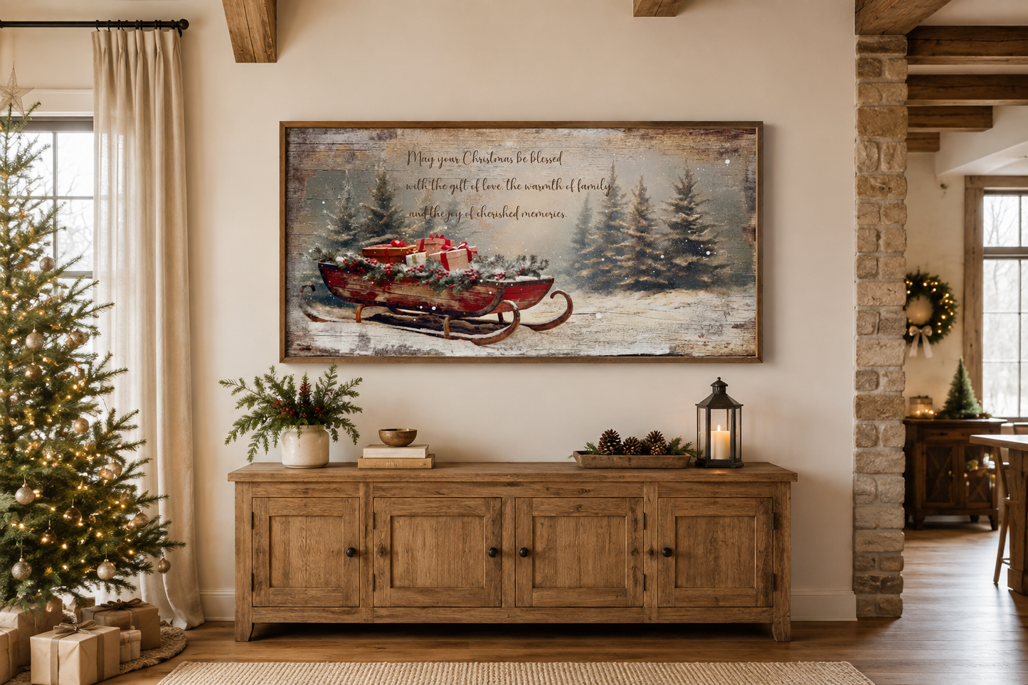 Christmas Blessing On Santa's Sleigh With Gifts Painting Framed Canvas Wall Art
