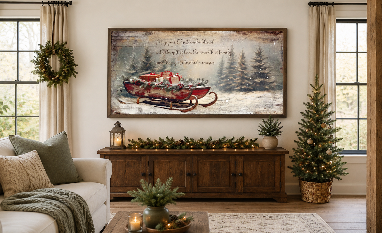 Christmas Blessing On Santa's Sleigh With Gifts Painting Framed Canvas Wall Art