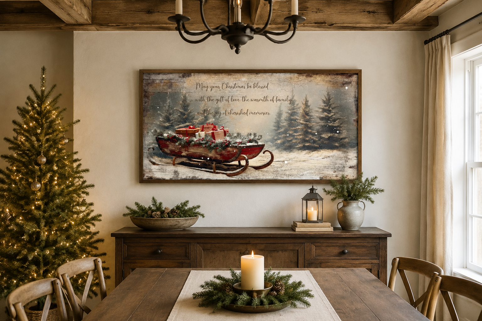 Christmas Blessing On Santa's Sleigh With Gifts Painting Framed Canvas Wall Art