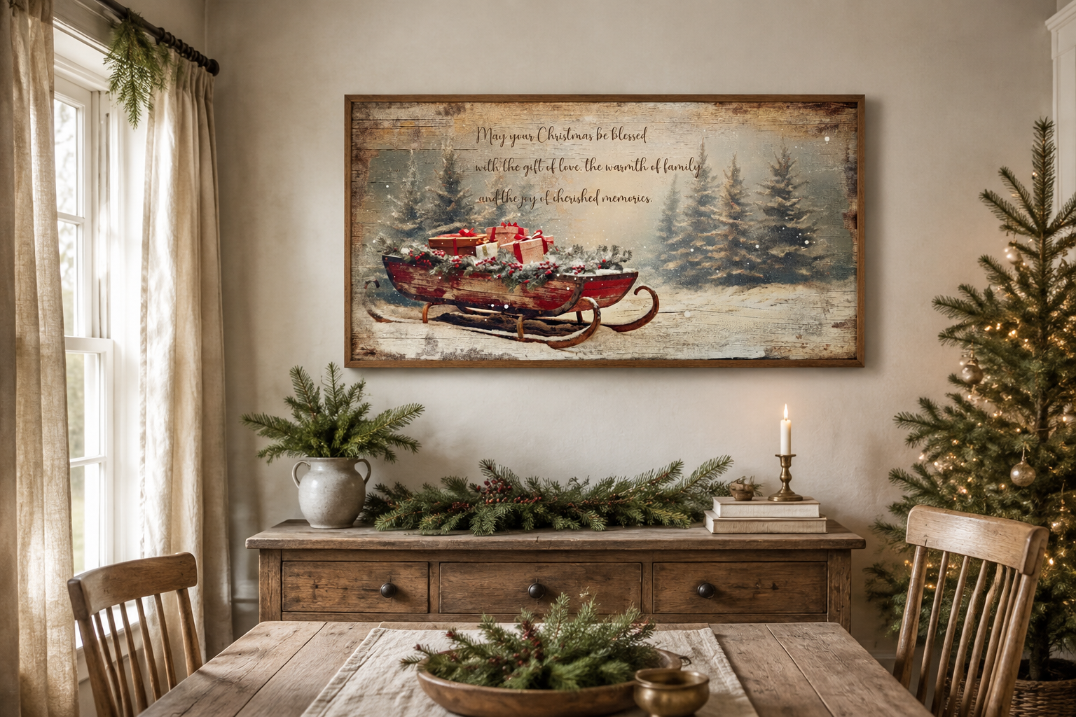 Christmas Blessing On Santa's Sleigh With Gifts Painting Framed Canvas Wall Art