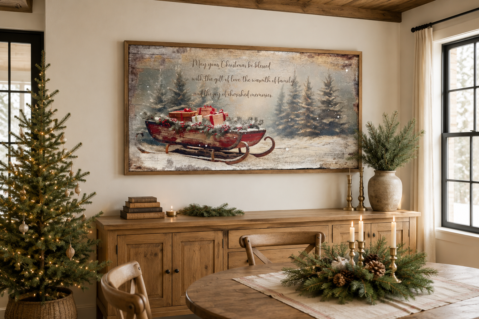 Christmas Blessing On Santa's Sleigh With Gifts Painting Framed Canvas Wall Art