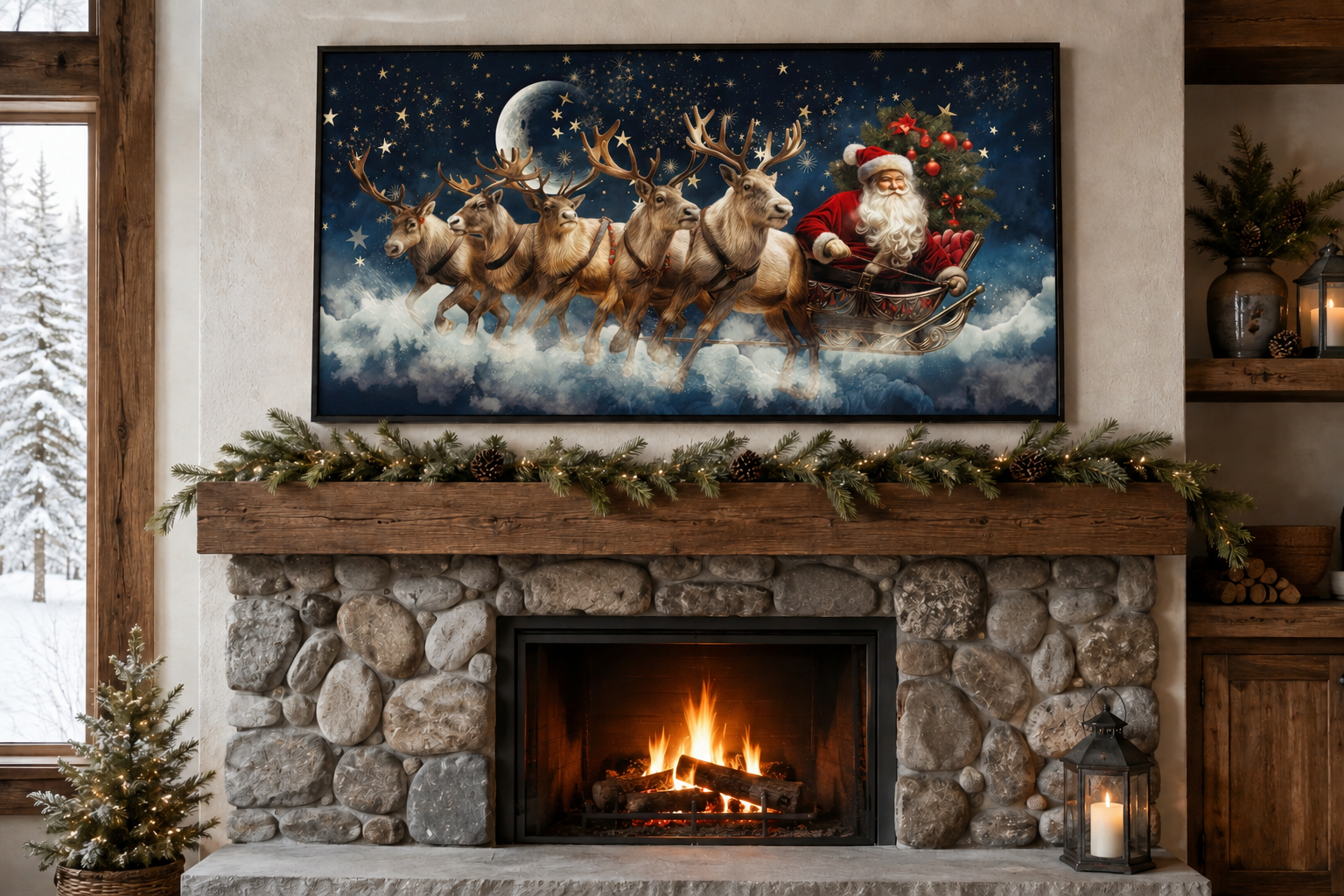 Santa Claus In Sleigh Pulled By Reindeer Canvas Wall Art – Festive Christmas Wall Decor