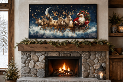 Santa Claus In Sleigh Pulled By Reindeer Canvas Wall Art – Festive Christmas Wall Decor