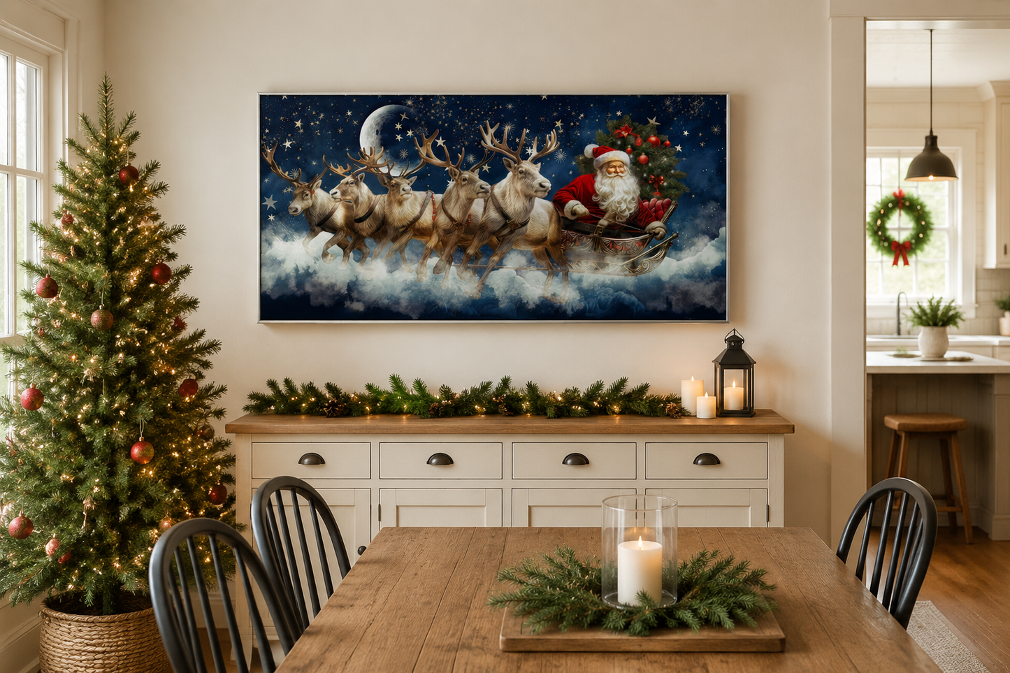 Santa Claus In Sleigh Pulled By Reindeer Canvas Wall Art – Festive Christmas Wall Decor
