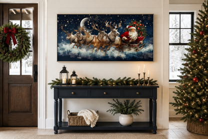 Santa Claus In Sleigh Pulled By Reindeer Canvas Wall Art – Festive Christmas Wall Decor