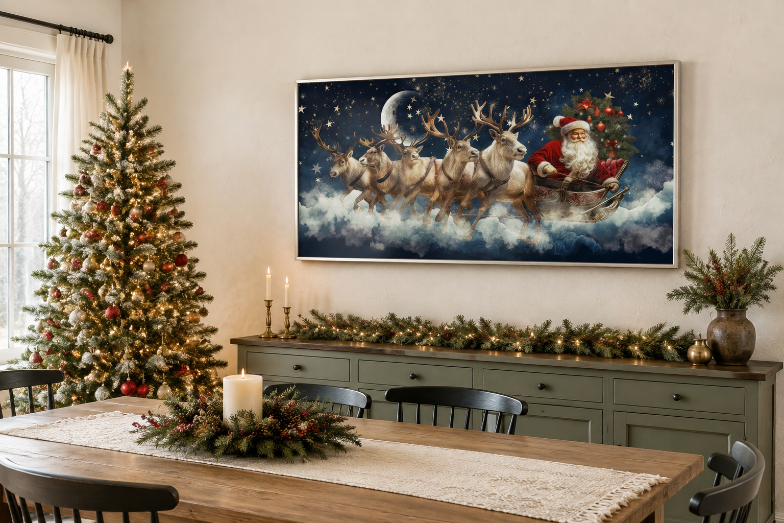 Santa Claus In Sleigh Pulled By Reindeer Canvas Wall Art – Festive Christmas Wall Decor