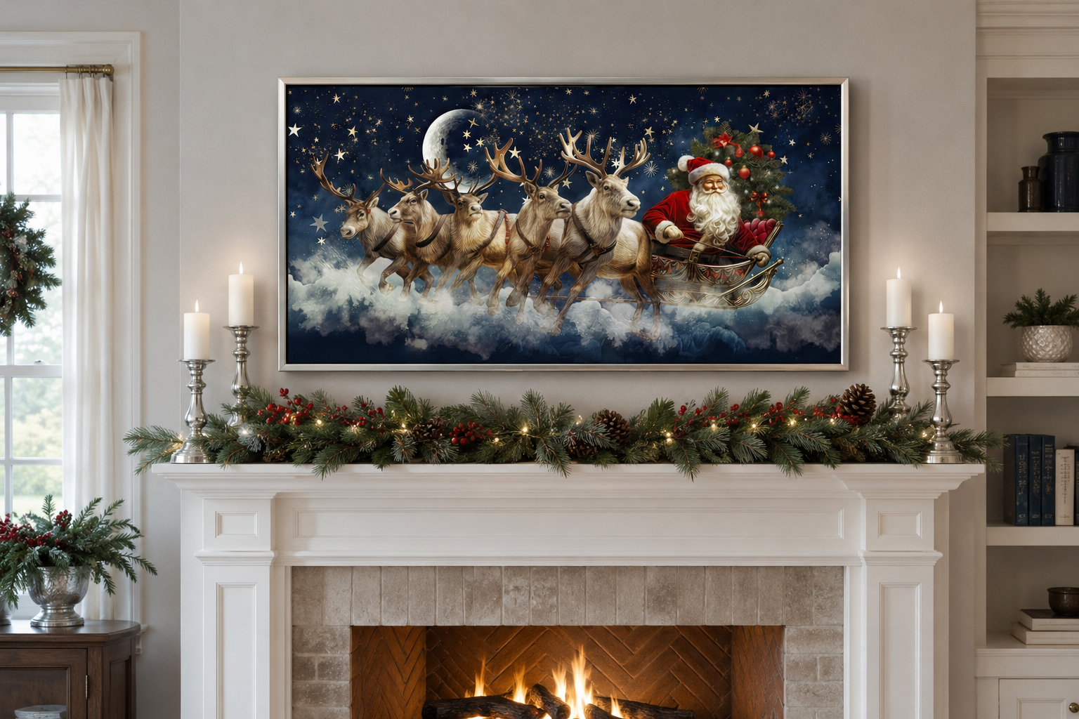 Santa Claus In Sleigh Pulled By Reindeer Canvas Wall Art – Festive Christmas Wall Decor