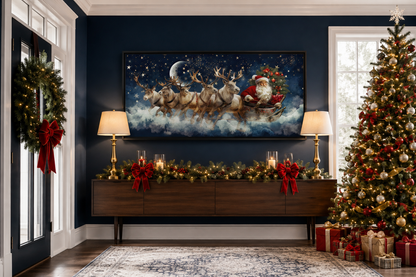 Santa Claus In Sleigh Pulled By Reindeer Canvas Wall Art – Festive Christmas Wall Decor
