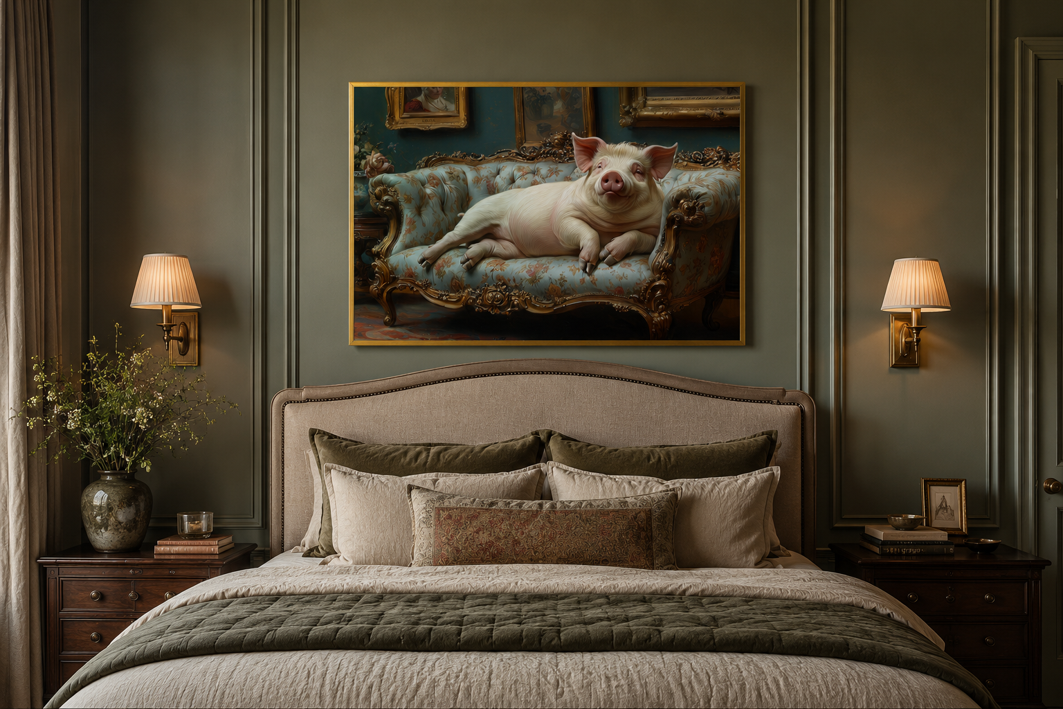 Chubby Fat Pig Lounging On the Couch Victorian Portrait Framed Canvas Wall Art