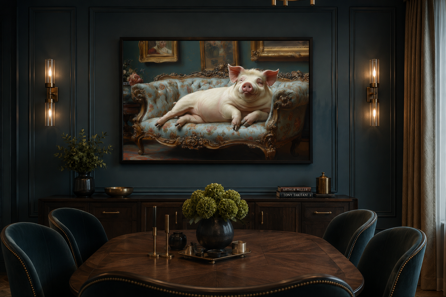 Chubby Fat Pig Lounging On the Couch Victorian Portrait Framed Canvas Wall Art
