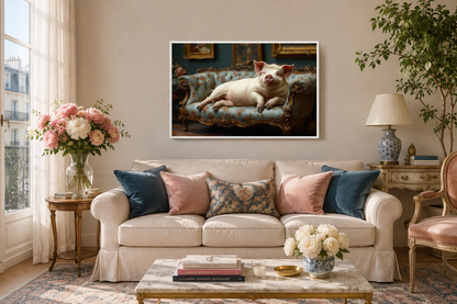 Chubby Fat Pig Lounging On the Couch Victorian Portrait Framed Canvas Wall Art