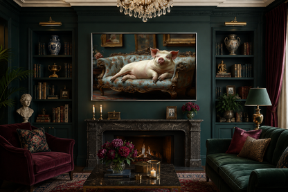 Chubby Fat Pig Lounging On the Couch Victorian Portrait Framed Canvas Wall Art