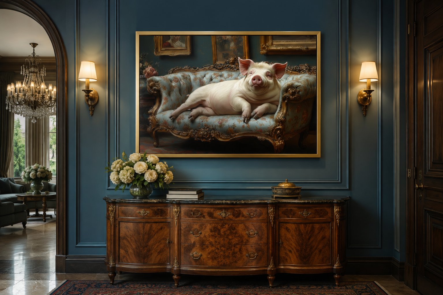 Chubby Fat Pig Lounging On the Couch Victorian Portrait Framed Canvas Wall Art