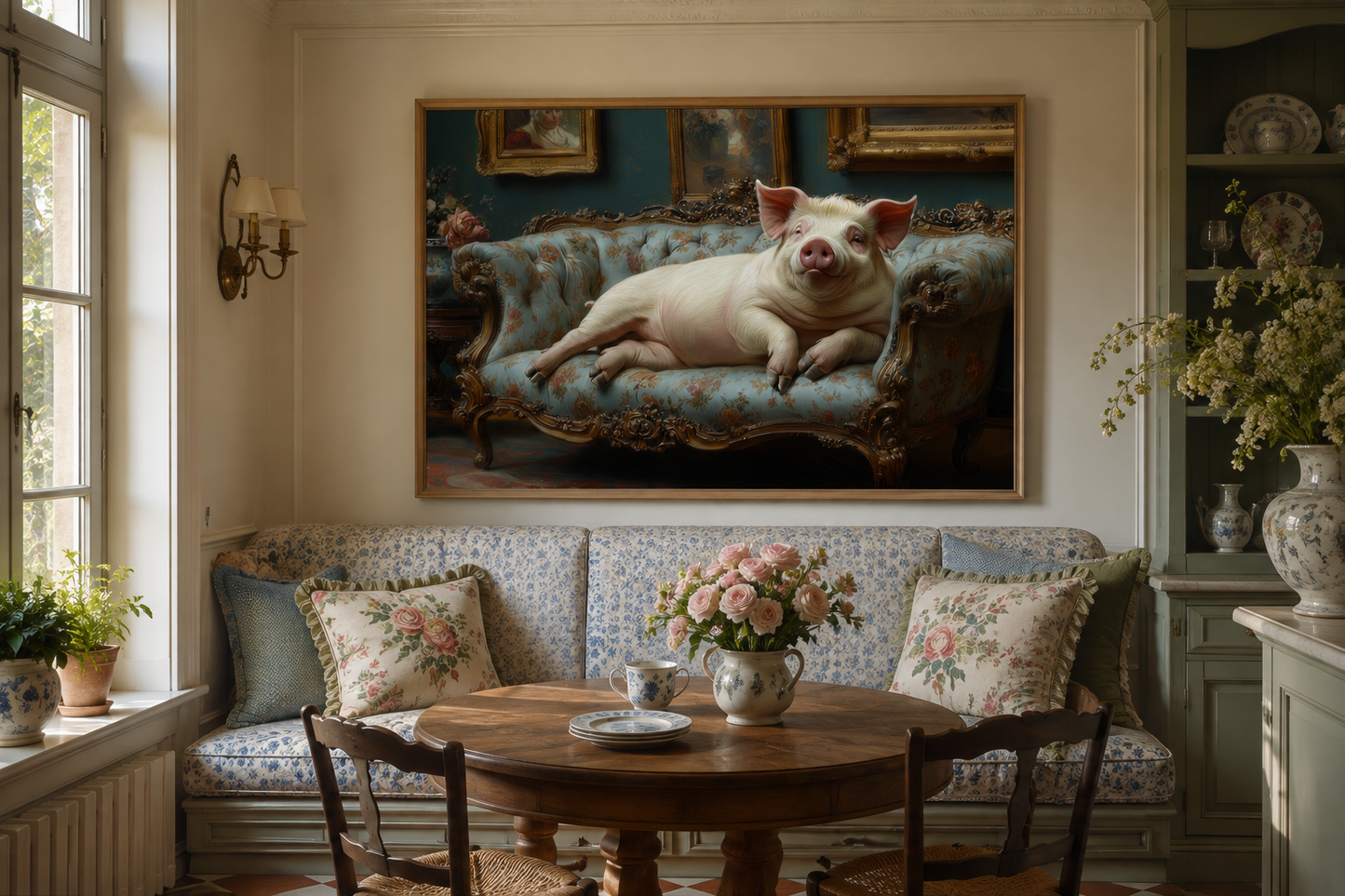 Chubby Fat Pig Lounging On the Couch Victorian Portrait Framed Canvas Wall Art