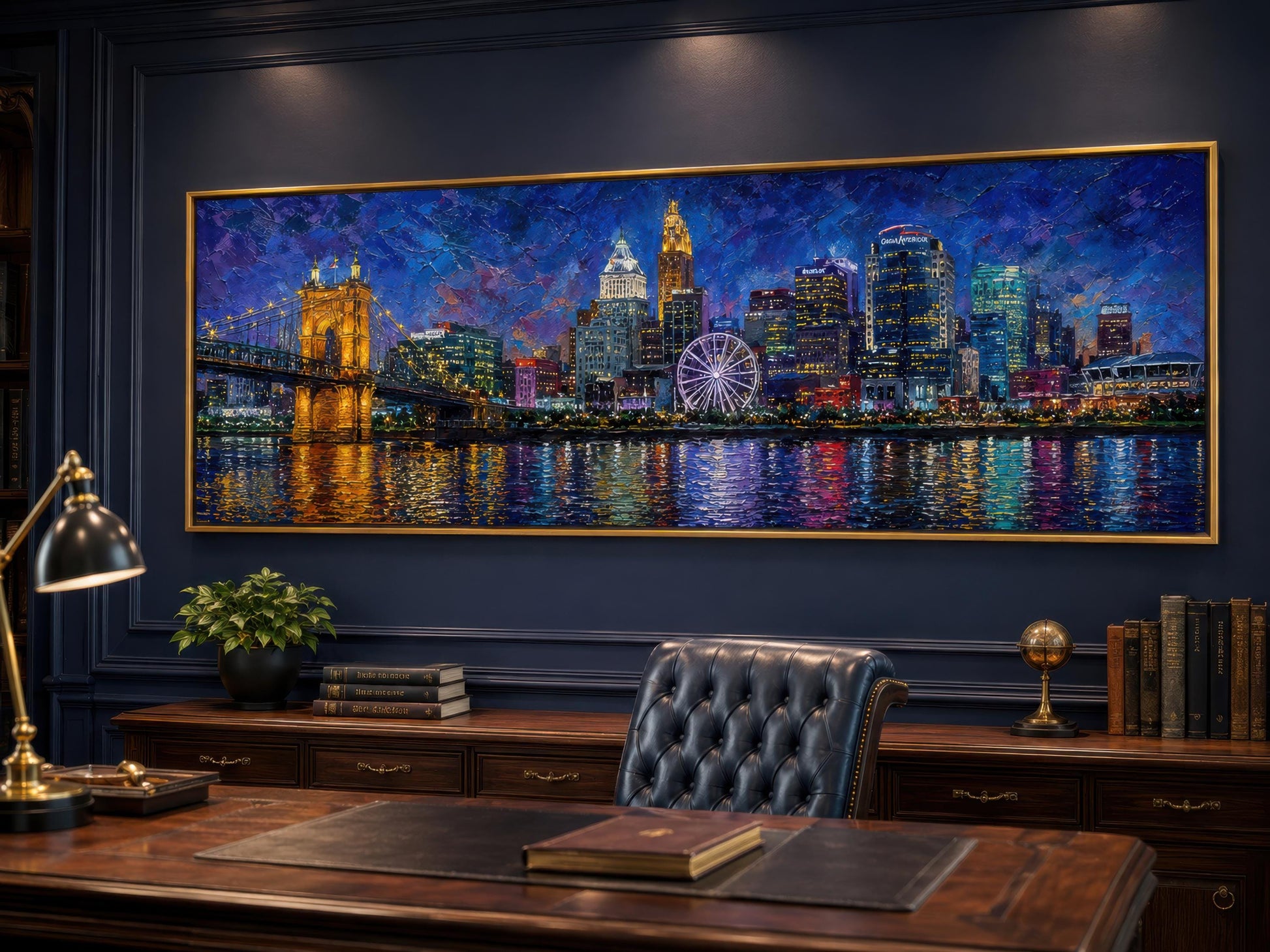 Cincinnati City Skyline Art – Panoramic Horizontal Canvas Print, Night Cityscape Wall Decor