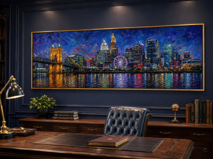 Cincinnati City Skyline Art – Panoramic Horizontal Canvas Print, Night Cityscape Wall Decor