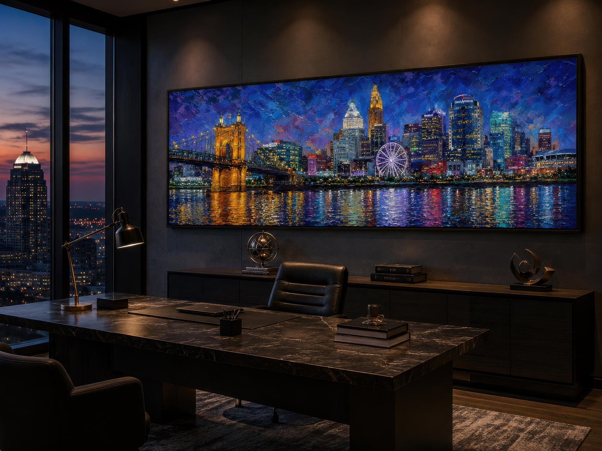 Cincinnati City Skyline Art – Panoramic Horizontal Canvas Print, Night Cityscape Wall Decor