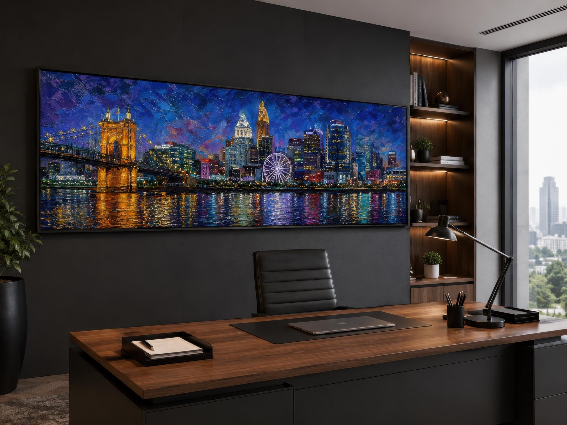 Cincinnati City Skyline Art – Panoramic Horizontal Canvas Print, Night Cityscape Wall Decor