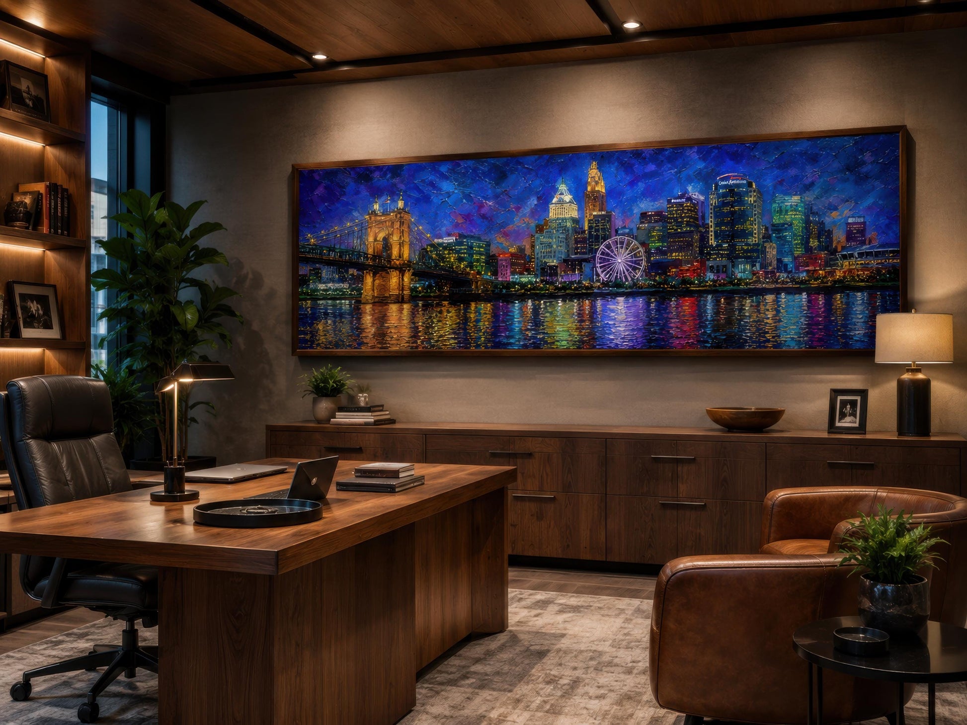 Cincinnati City Skyline Art – Panoramic Horizontal Canvas Print, Night Cityscape Wall Decor
