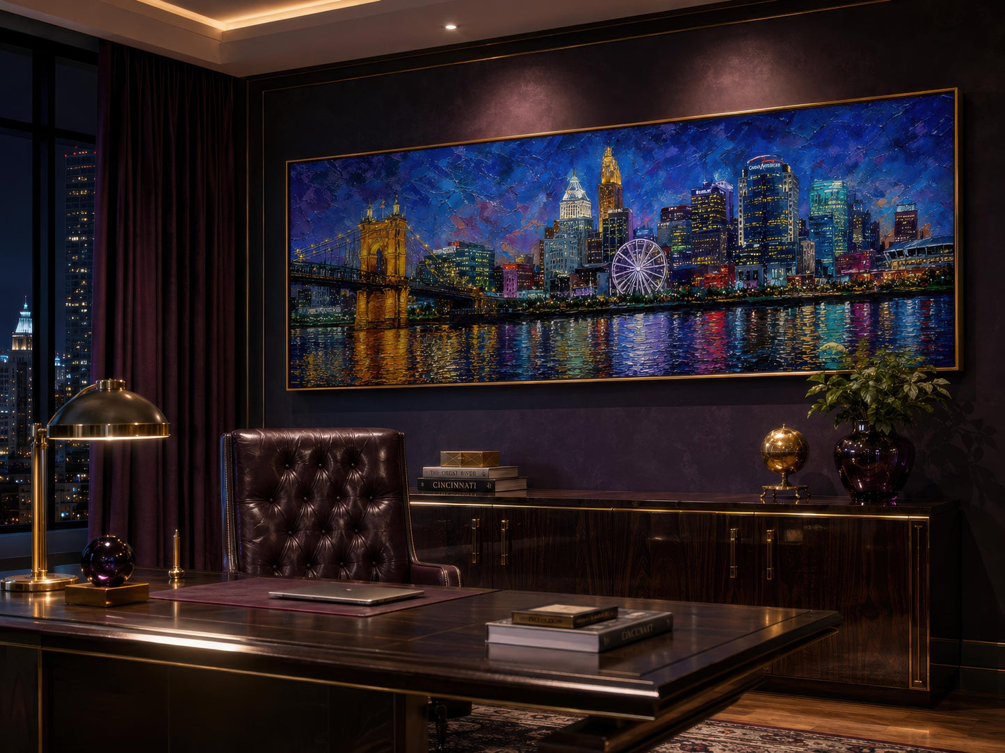 Cincinnati City Skyline Art – Panoramic Horizontal Canvas Print, Night Cityscape Wall Decor