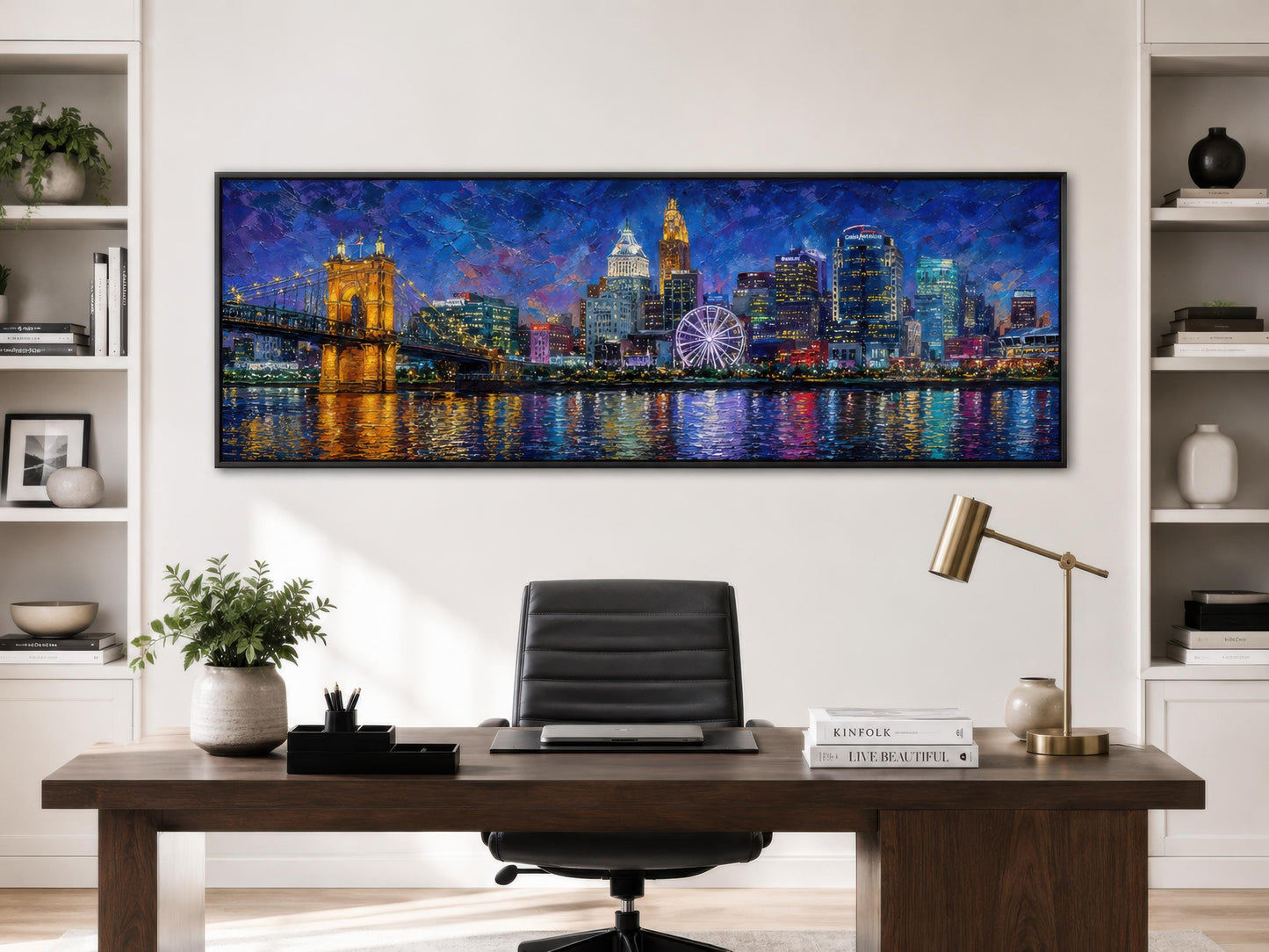 Cincinnati City Skyline Art – Panoramic Horizontal Canvas Print, Night Cityscape Wall Decor
