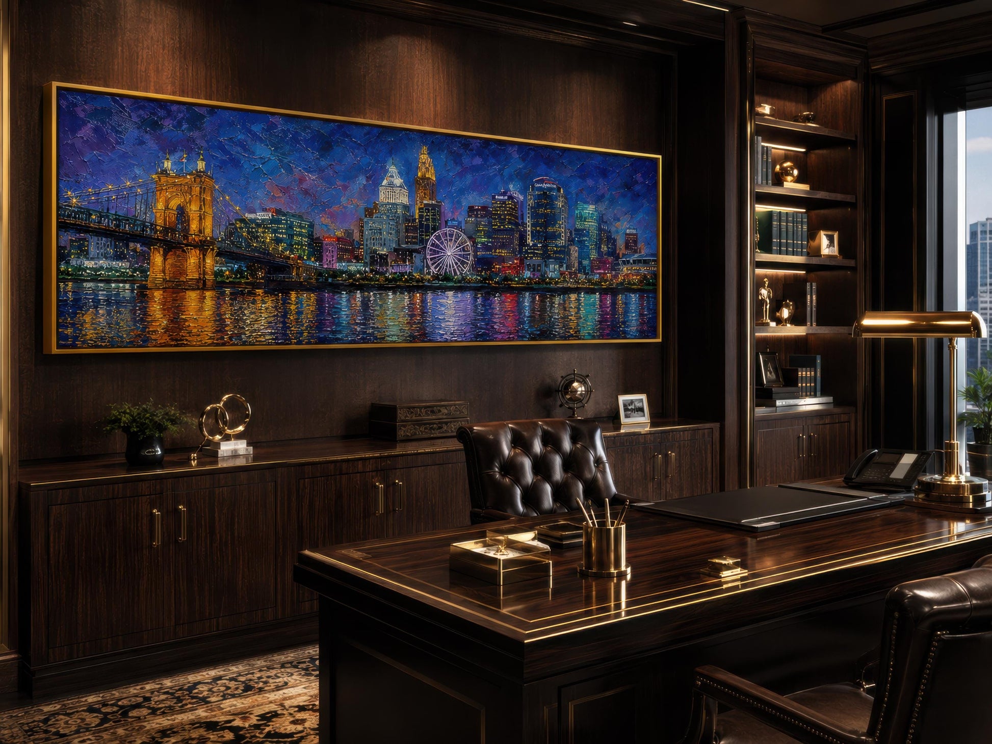 Cincinnati City Skyline Art – Panoramic Horizontal Canvas Print, Night Cityscape Wall Decor