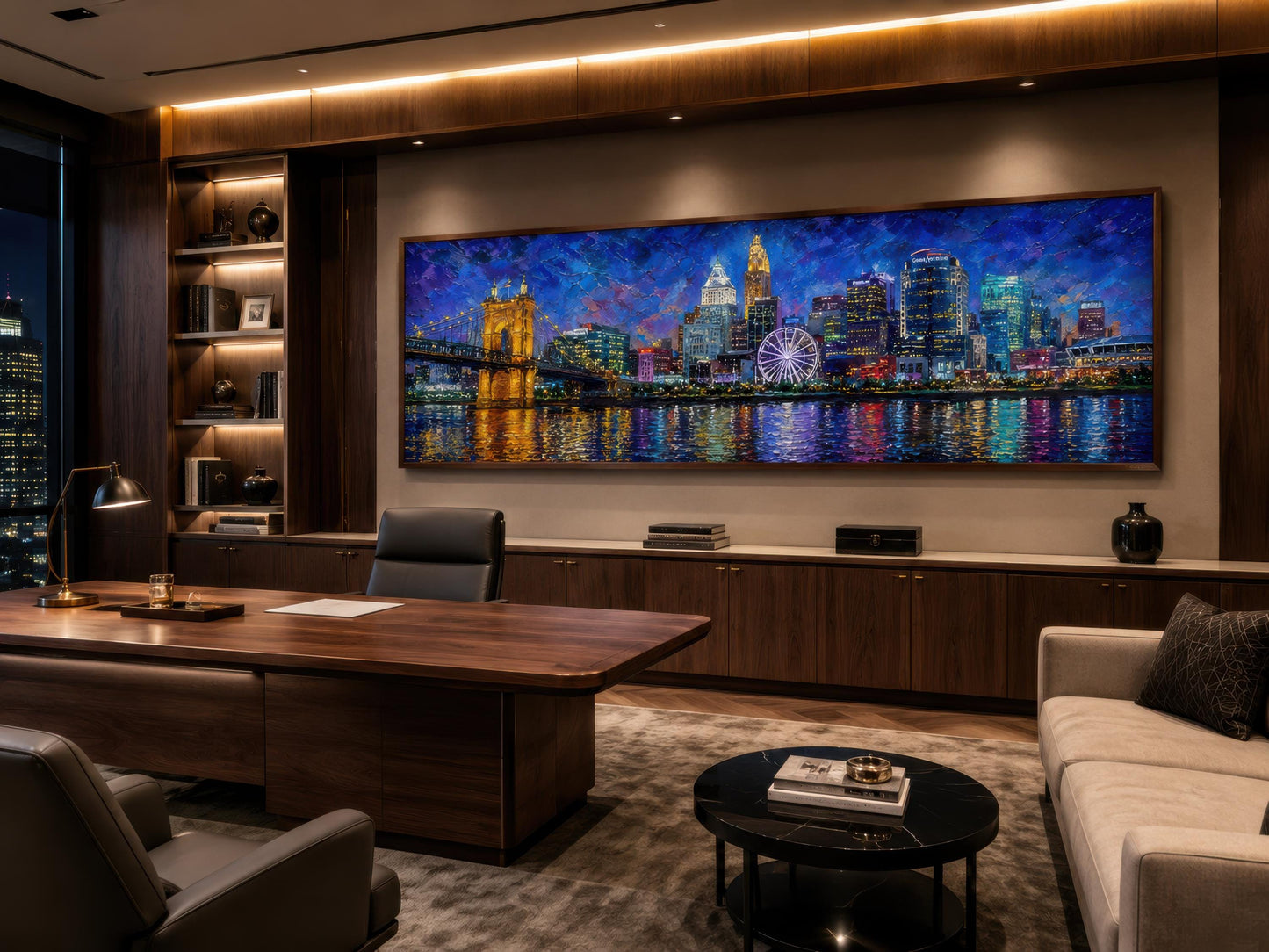 Cincinnati City Skyline Art – Panoramic Horizontal Canvas Print, Night Cityscape Wall Decor