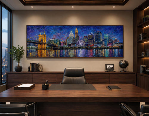 Cincinnati City Skyline Art – Panoramic Horizontal Canvas Print, Night Cityscape Wall Decor