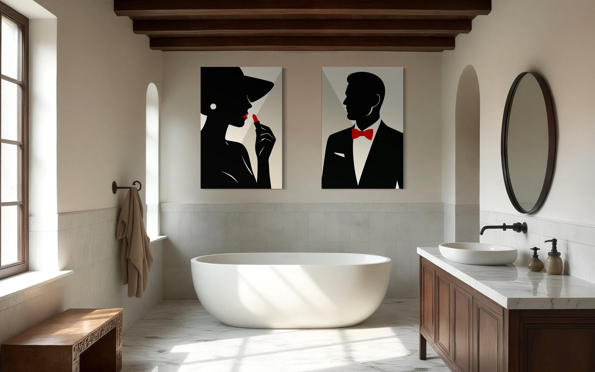Classy Bathroom Wall Art – Elegant Couple Silhouettes Set, Black White Red Modern Canvas Prints