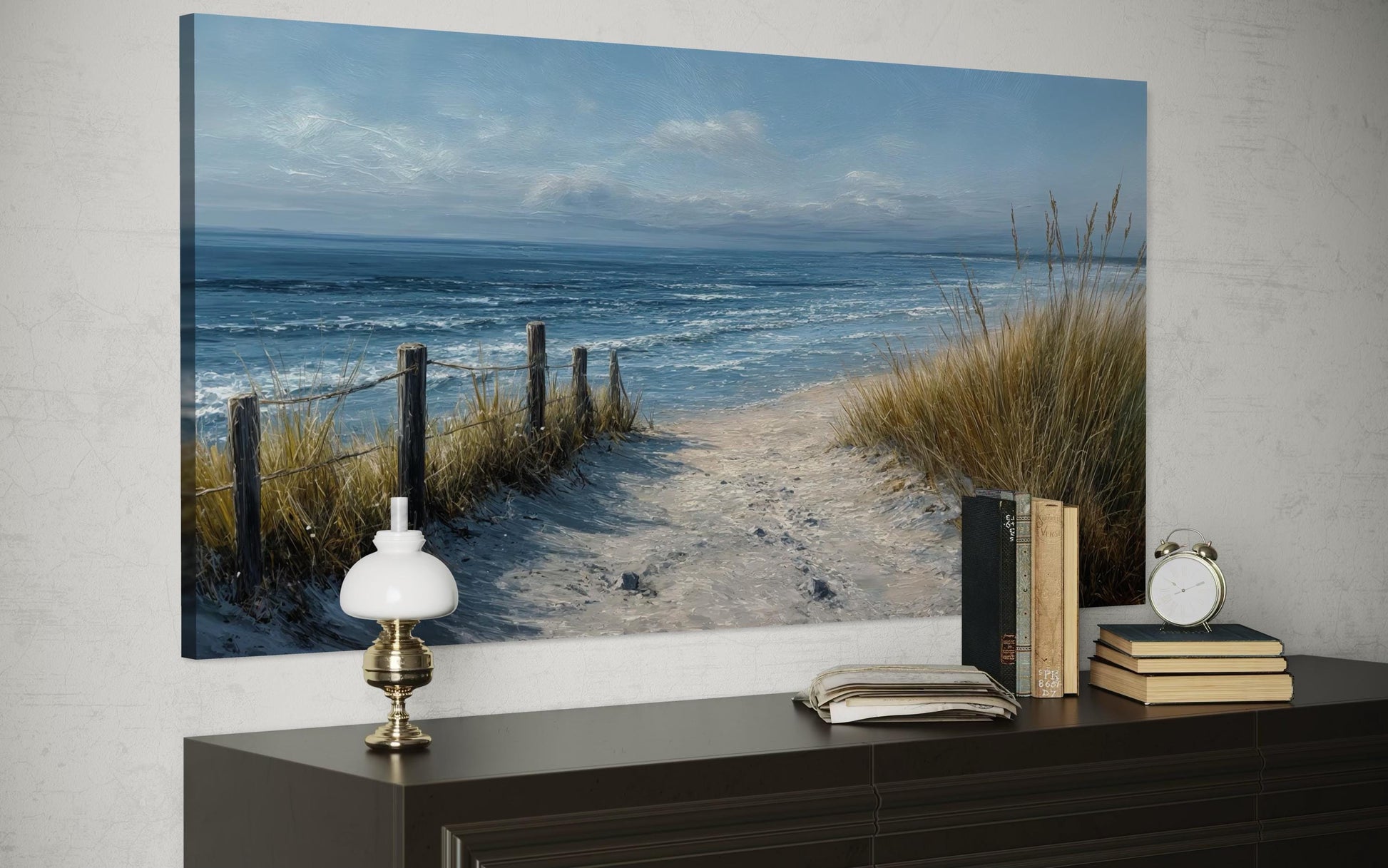 Coastal Beach Wall Art – Blue Beige Ocean Canvas Print | Horizontal Coastal Painting for Living Room