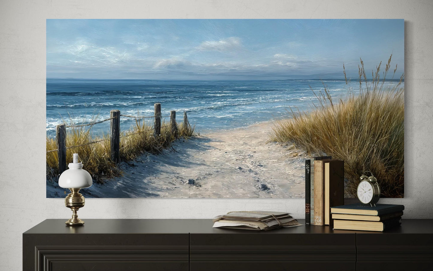 Coastal Beach Wall Art – Blue Beige Ocean Canvas Print | Horizontal Coastal Painting for Living Room