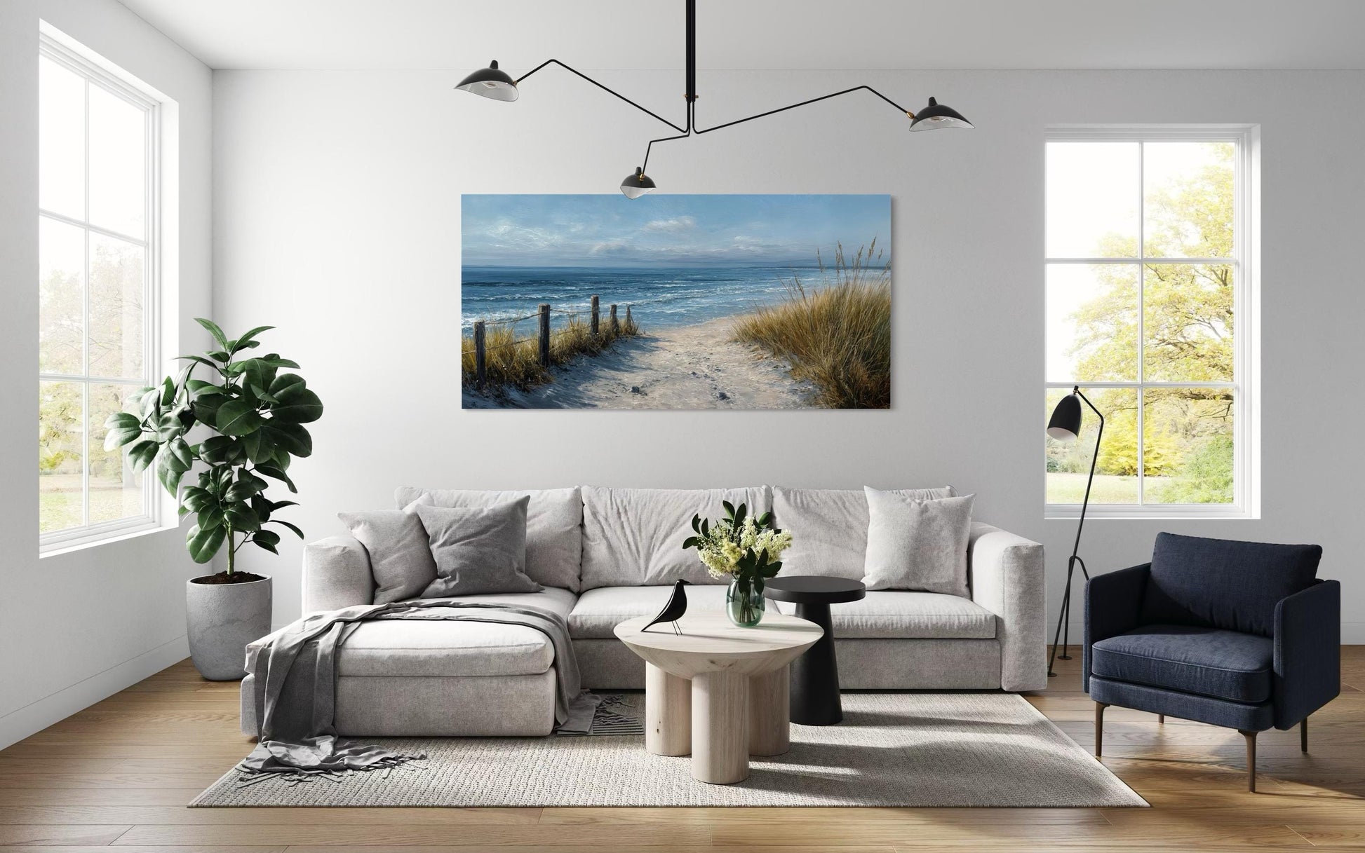 Coastal Beach Wall Art – Blue Beige Ocean Canvas Print | Horizontal Coastal Painting for Living Room