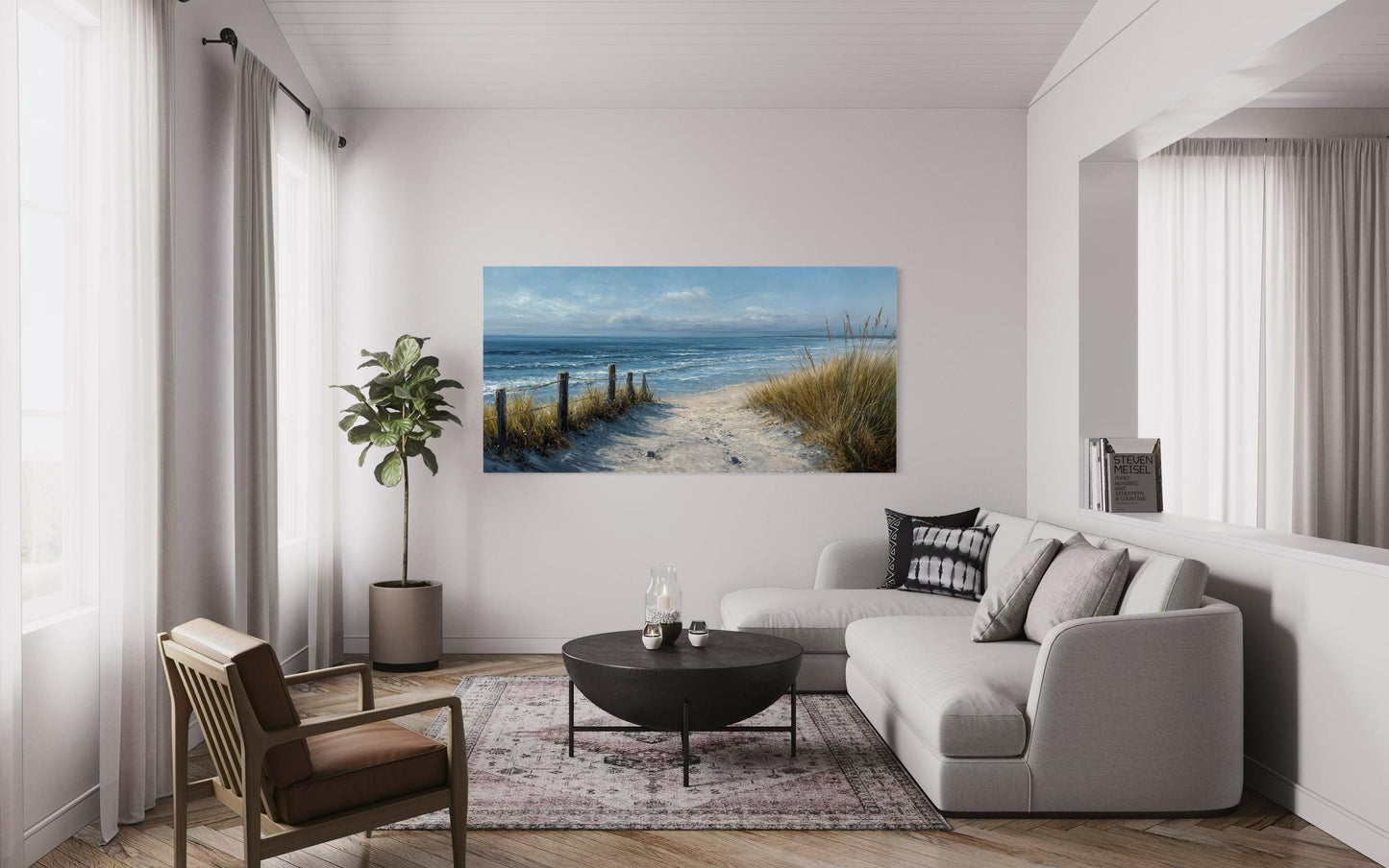 Coastal Beach Wall Art – Blue Beige Ocean Canvas Print | Horizontal Coastal Painting for Living Room