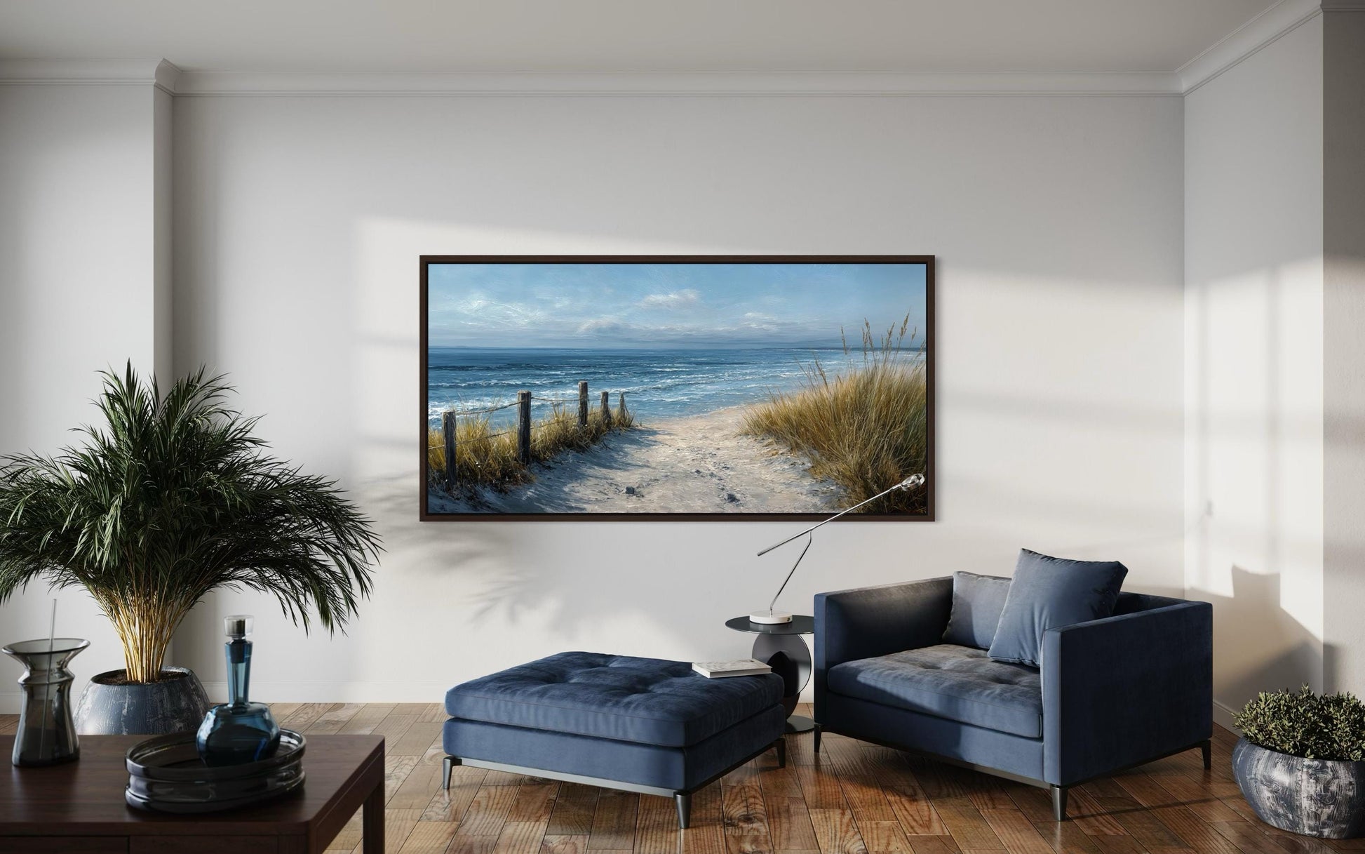 Coastal Beach Wall Art – Blue Beige Ocean Canvas Print | Horizontal Coastal Painting for Living Room
