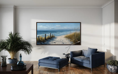 Coastal Beach Wall Art – Blue Beige Ocean Canvas Print | Horizontal Coastal Painting for Living Room